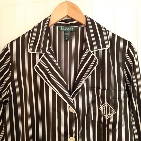 LRL Striped Satin Long Sleeve/Long Pant Pajama Set Black White Stripe Size M - Picture 5 of 15